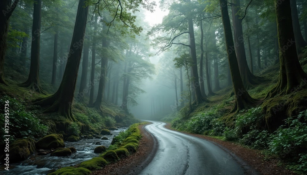 Fototapeta premium Scenic road curves thru dense forest with fog, running river. Green plants cover ground. Nature landscape shows misty calm woodland with tall trees in peaceful tranquil mystery. Natural dark moody