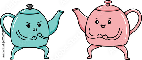 Two cute cartoon teapots with expressive faces in playful stance, blue and pink tea kettle characters illustration, fun kitchenware concept artwork