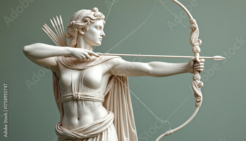 Marble statue of Greek goddess Artemis with bow, arrow. Classic sculpture of ancient woman archer hunting, ready to shoot. Mythological Roman deity Diana represents strength, focus, precision,