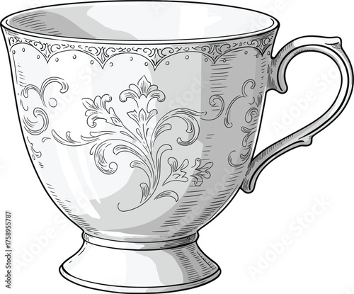 Vintage ornate teacup illustration with floral patterns, decorative handle, and pedestal base in classical black and white style for antique kitchenware vector design