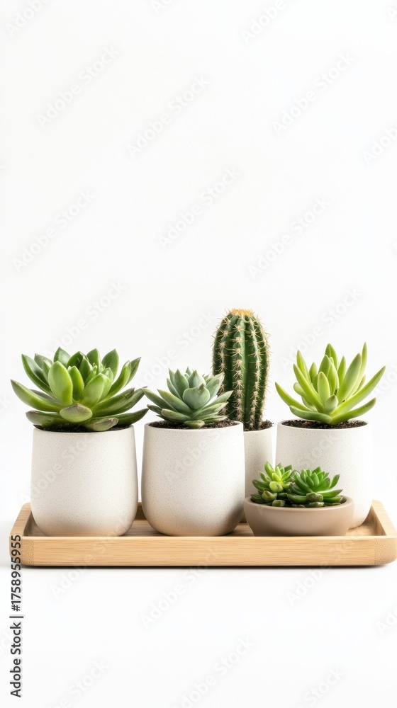 Fototapeta premium Modern xeriscape-inspired home decor with minimal succulents isolated on white.
