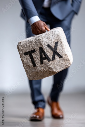Businessman carries heavy stone block labeled tax while wearing a suit and brown shoes indoors