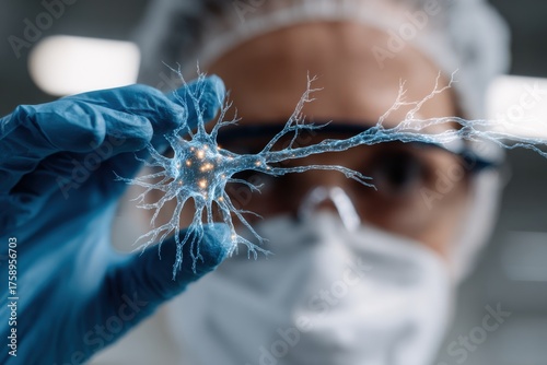 Scientist in laboratory examines a neuron specimen while wearing protective gear and gloves to ensure safety during research
