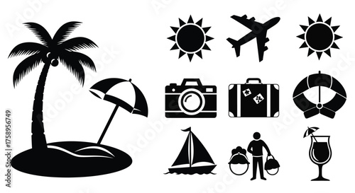 Black silhouette icons representing tropical vacation elements and summer lifestyle