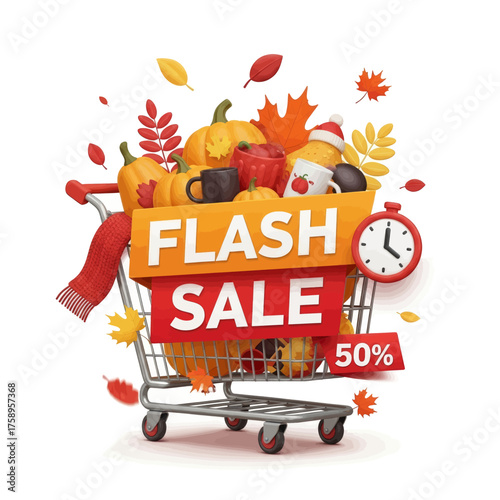 A vibrant illustration of a shopping cart overflowing with autumn-themed items, advertising a flash sale.