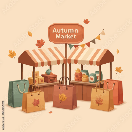 Autumn market stall with bags and produce, decorated with fall leaves.