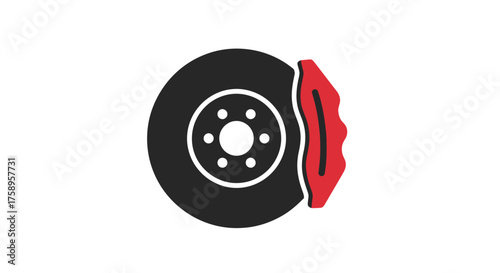 Close-up of a cars red brake caliper and disc rotor.