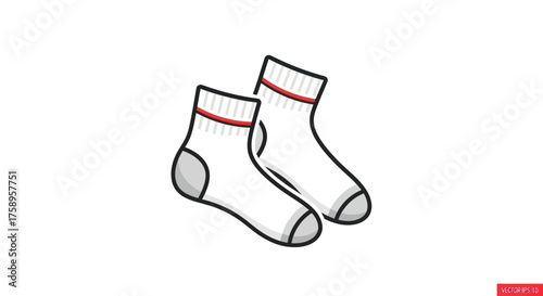 Pair of white socks with red stripes and grey accents.