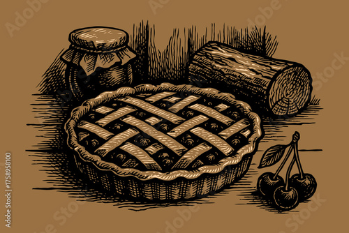 Hand-drawn cherry pie with lattice crust, jar, and log in rustic sketch style on brown woodcut background, concept of homemade baking