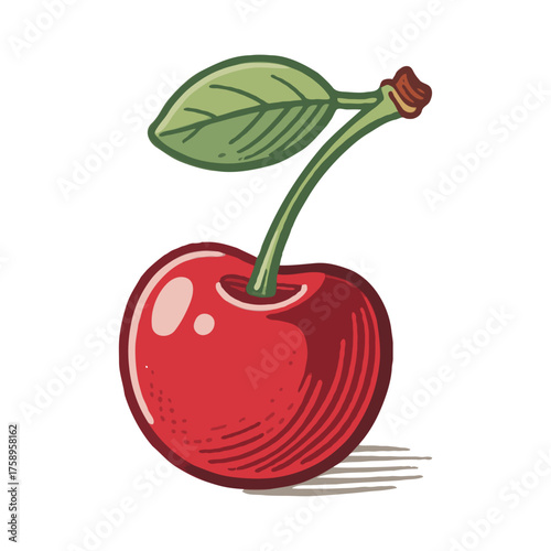 Single cherry fruit with green leaf in hand-drawn cartoon style on white background, representing freshness and organic food