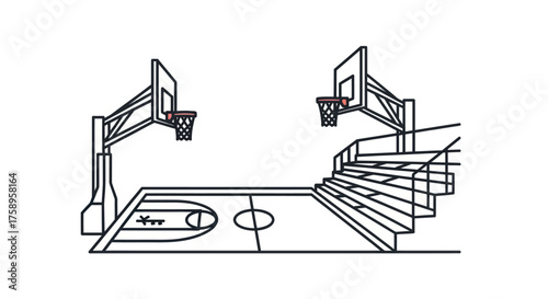 Minimalist black and white line art drawing of an empty basketball court with hoops and bleachers.