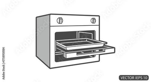 An open built-in oven with a baking tray on a sliding rack vector line art style.