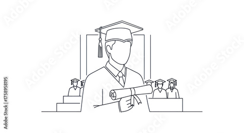 Line Art Illustration of Graduate Holding Diploma Ceremony.