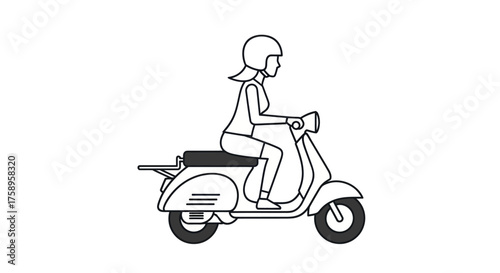 Outlined Woman Riding a Classic White Motor Scooter.