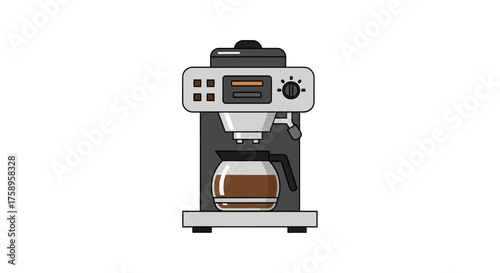 Modern grey and black coffee maker machine with a glass carafe full of fresh brewed coffee.
