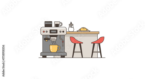 Flat vector illustration of a home coffee station with an espresso machine and red bar stools.