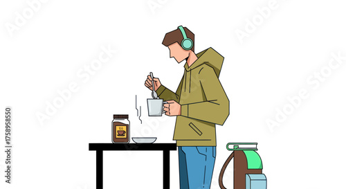 Young Person Preparing Coffee Wearing Headphones Near Table.