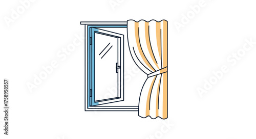 Open window with a draped curtain illustration.