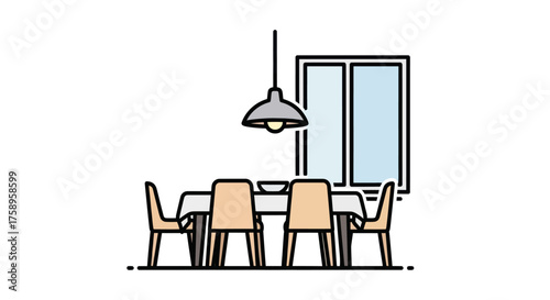 Modern Dining Room Table with Chairs and Pendant Light.
