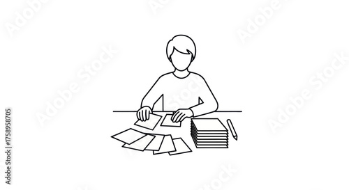 Person organizing papers at a desk line art illustration.