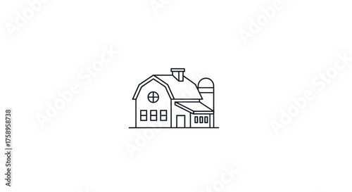Simple Black and White Farmhouse with Silo Illustration.