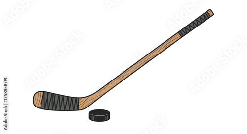 Detailed Illustration of Hockey Stick and Puck on White.