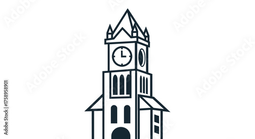 Simple Line Art Drawing of a Classic Clock Tower with Pointed Roof.