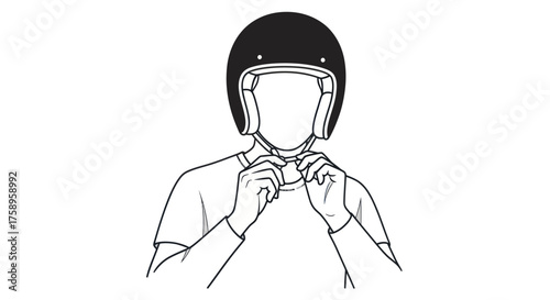 Person Fastening Black Classic Motorcycle Helmet Chin Strap Illustration.