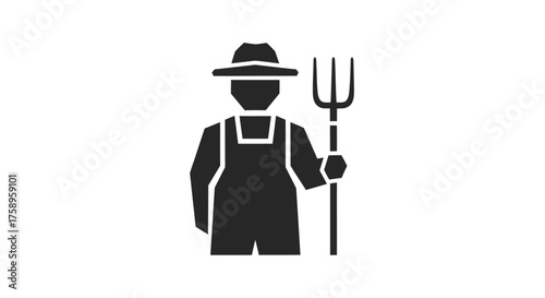 Silhouette of a farmer holding a pitchfork wearing overalls and a hat.