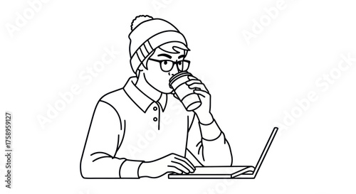 Young Person in Beanie and Glasses Drinking Coffee While Using Laptop.