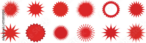 Red Starburst Assortment: A collection of various red starburst designs for a multitude of creative uses. Showcasing a vibrant range of textures and forms.