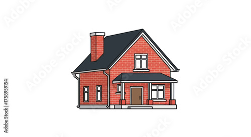 Red Brick House with Black Roof and Chimney Illustration.