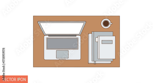 Overhead view of a modern laptop stack of books and coffee cup on a wooden desk.