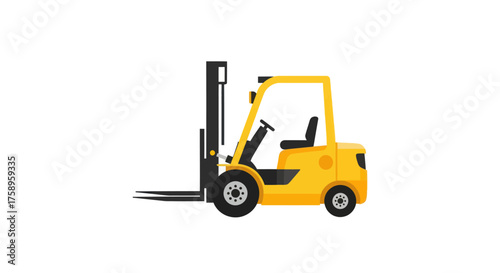 Yellow Forklift Truck with Lifting Forks and Operator Cabin.