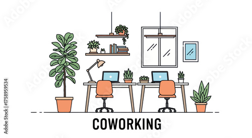 Modern Coworking Office Space Illustration with Desks and Plants.