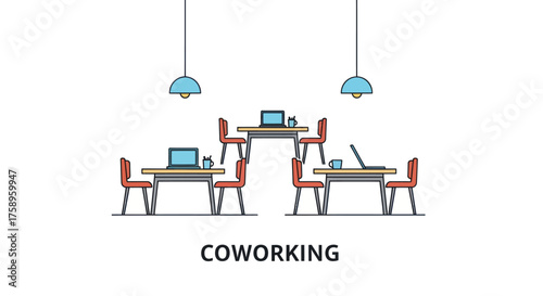 Illustrated Coworking Space with Tables Chairs and Laptops.