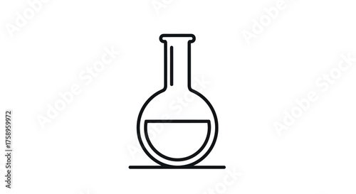 Black Outline Icon of Round Bottom Laboratory Flask with Liquid.