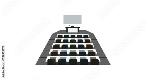Empty Lecture Hall Auditorium with Tiered Seating Screen and Podium.