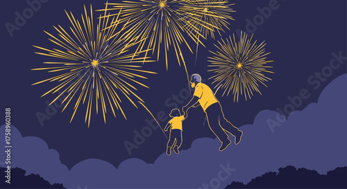 Celebrate family moments with vibrant fireworks, a heartwarming scene of a father and child enjoying a magical night, perfect for event promotions and festive ads