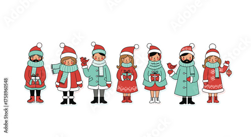 Delightful Christmas cheer with diverse kids dressed for winter, sharing gifts and seasonal joy with friendly birds for heartwarming holiday designs