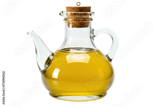 Glass olive oil cruet with cork stopper isolated PNG, filled with golden liquid for cooking and salad dressing on transparent background