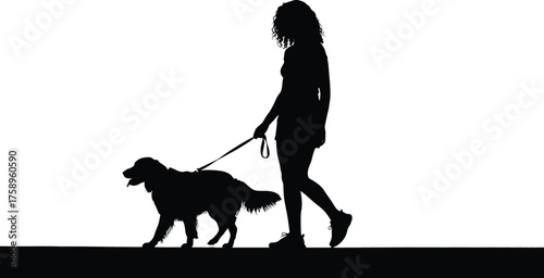 Person walking dog silhouette cartoon illustration, symbolic companionship and expressive gesture artwork for lifestyle and emotional design