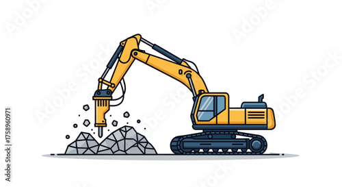 Modern excavator demolishing rock with powerful jackhammer, ideal for construction, engineering, or infrastructure project visuals and promotional materials