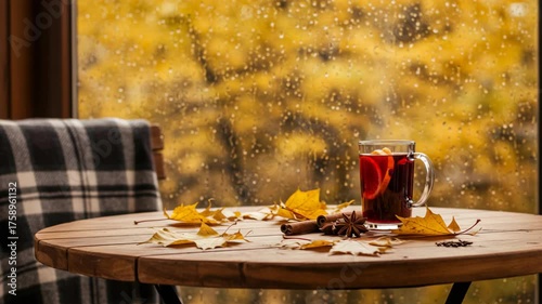 Cozy table with a cup of tea and autumn leaves by the window  