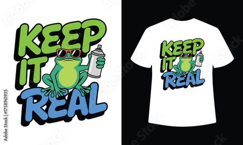 Graffiti frog holding spray can with keep it real text on t shirt mockup