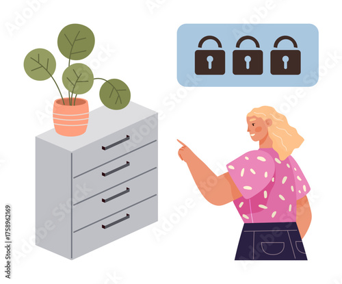 Woman gesturing towards locked drawer icons above a cabinet with potted plant. Ideal for security, privacy, data protection, access control, organization, file management, simple flat metaphor