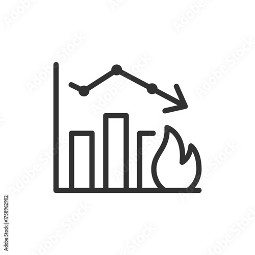 Chart with flame, linear icon. deadline or project under pressure. Line with editable stroke.