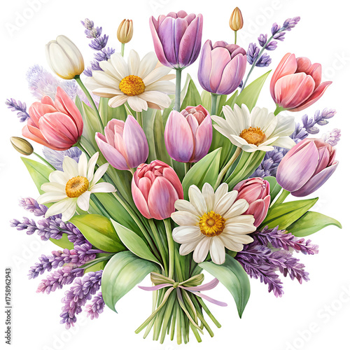 Spring garden mix watercolor floral bouquet tulips daisies lavender and green leaves on transparent background