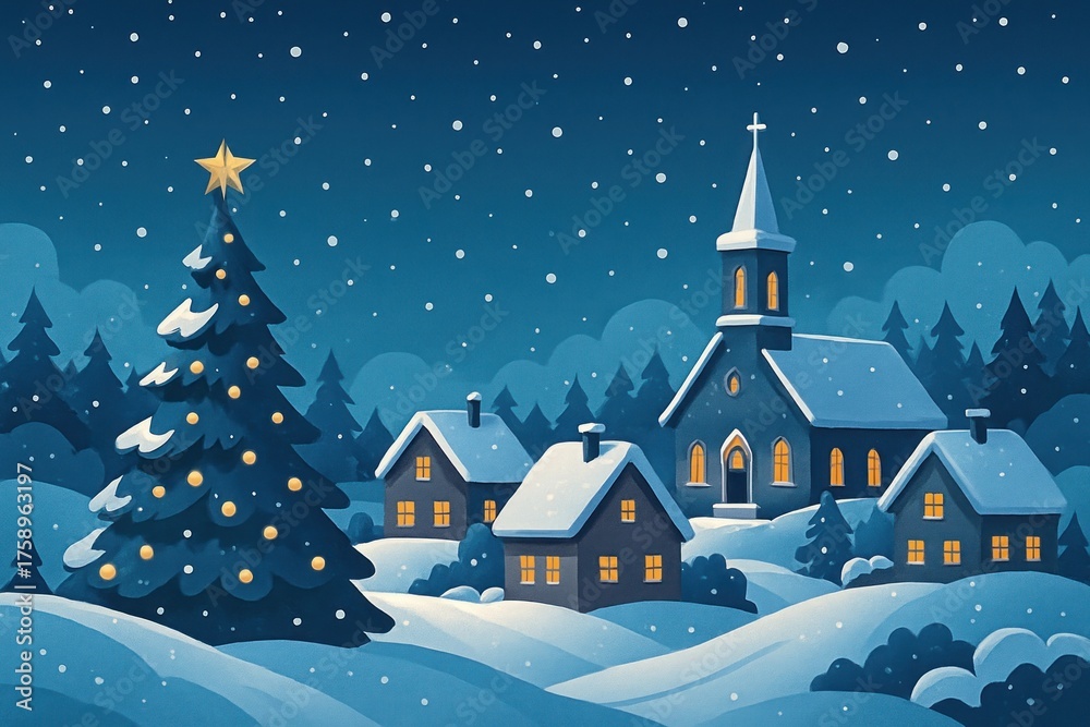 Naklejka premium Peaceful snowy village night