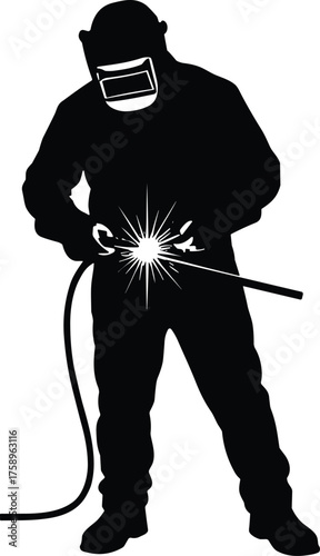 Welder with torch and gear silhouette cartoon illustration, symbolic labor and expressive gesture artwork for industrial and repair design